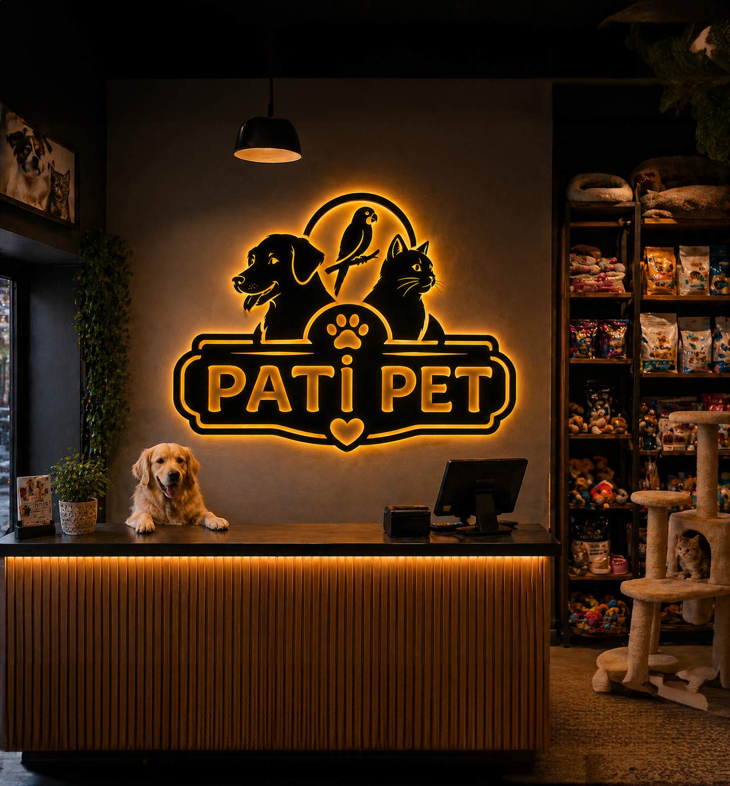 Özel Kesim Ahşap Işıklı Petshop Tabela